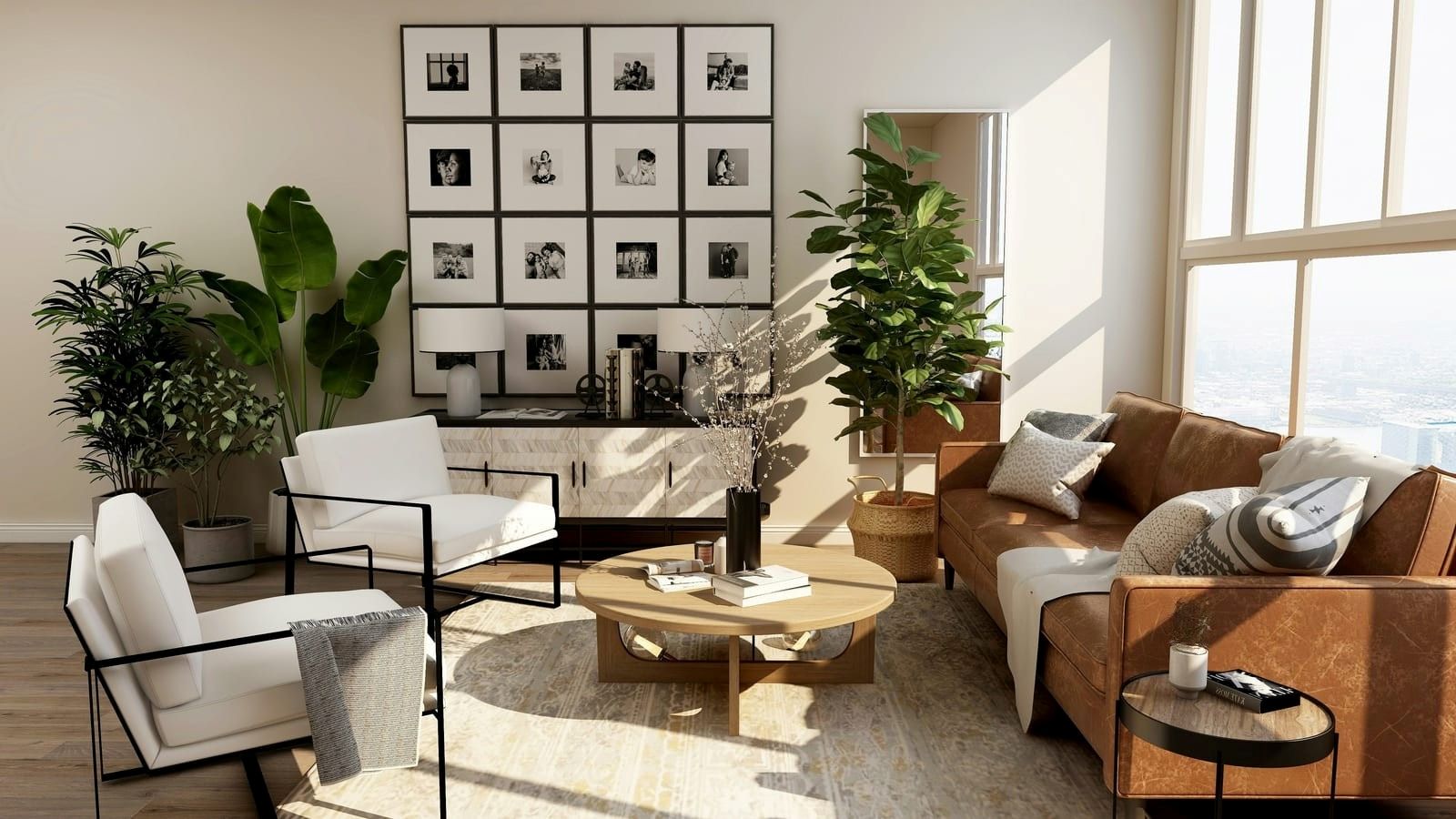 A warm, sunlit room with comfortable seating and green plants